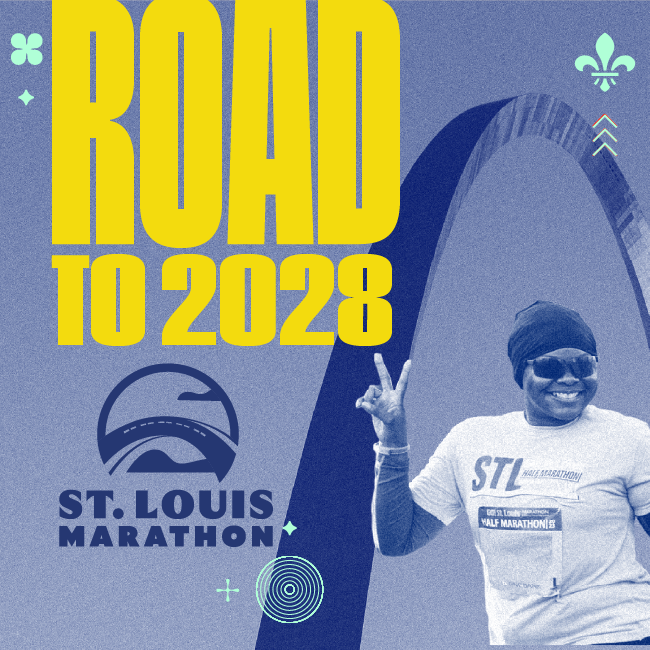 Poster-style graphic reading 'ROAD TO 2028' in large yellow letters with a runner and the St. Louis Marathon logo beside the arch.