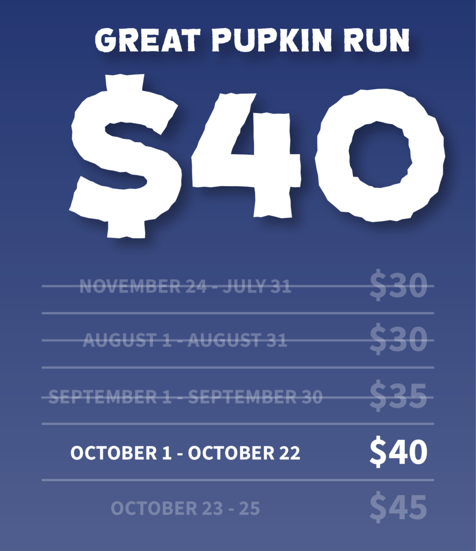 Promotional poster for a 'Great Pumpkin Run' with a blue gradient background, large white event title and big price figures ($30–$40) and monthly date lines.