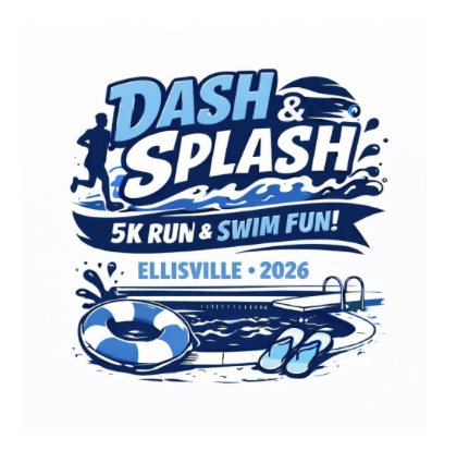 Dash & Splash 5K Run & Swim Fun! Ellisville 2026 logo with running silhouette, waves, and pool imagery by a ladder and floaties.