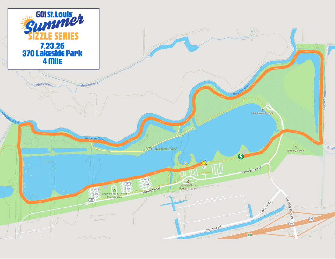 Promotional poster reading 'GO! ST. LOUIS Summer Sizzle Series 7.23.26 370 Lakeside Park 4 Mile' on a map with a winding river route nearby.