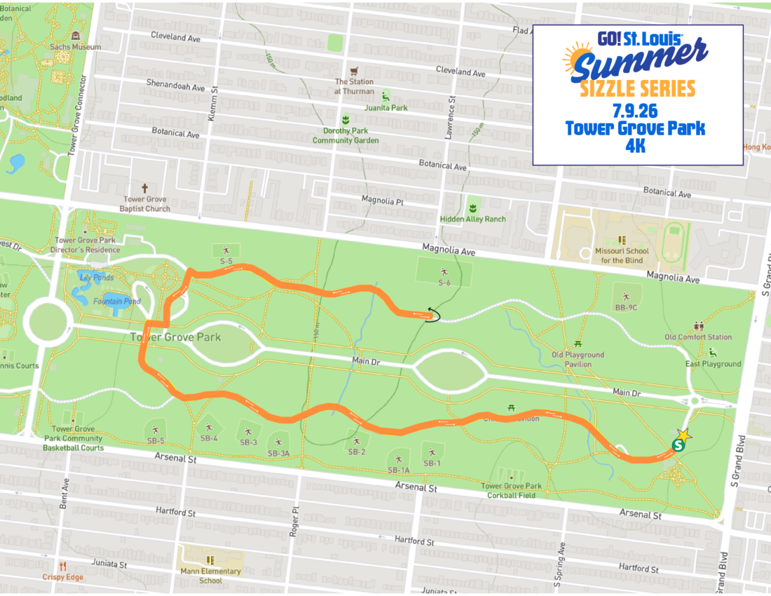 Map of Tower Grove Park area with an orange running route and a large Go! St. Louis Summer Sizzle Series banner in the top-right.