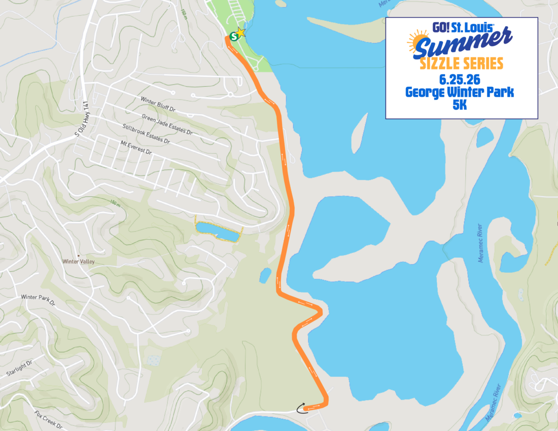 Map view of a coastal area with an orange winding road along the shore and a large event banner on the right reading 'Go! St. Louis Summer Sizzle Series 6.25.26 George Winter Park 5K'.