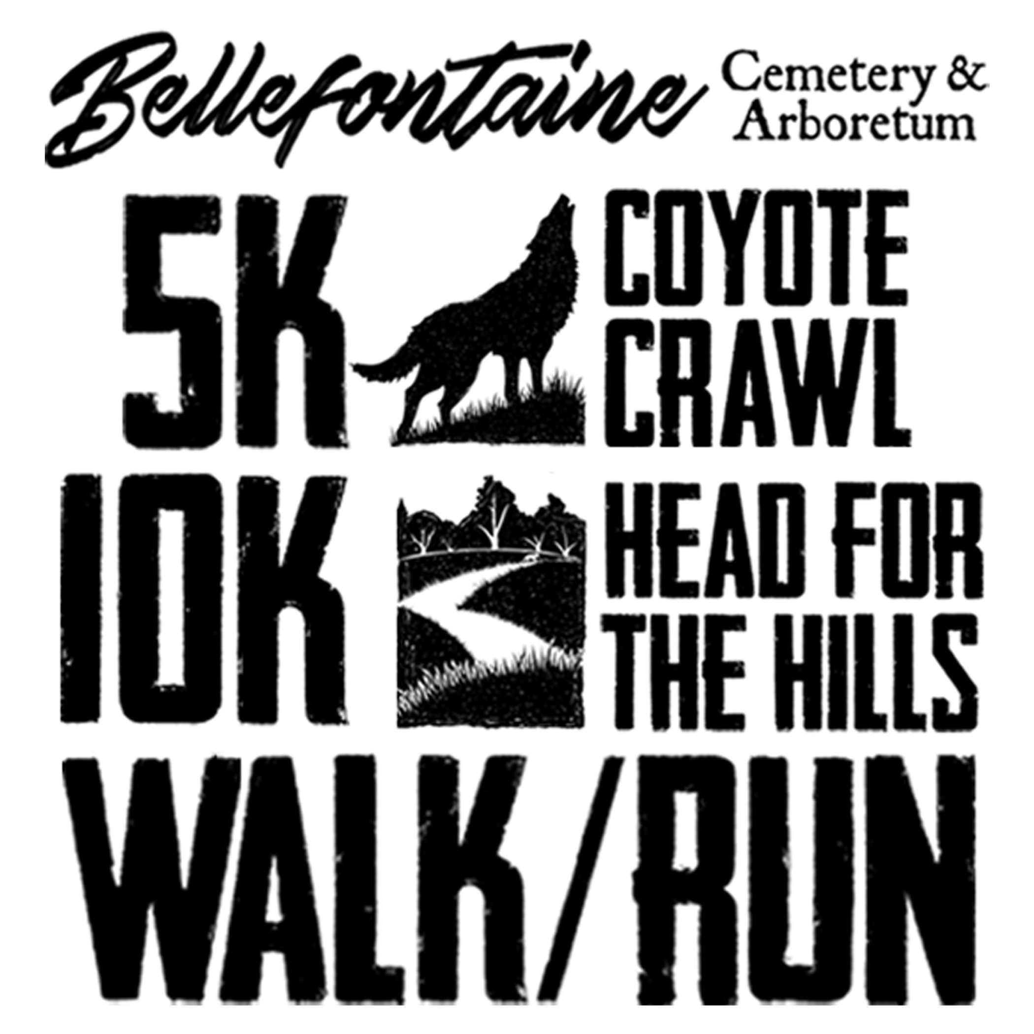 Promotional poster for Bellefontaine Cemetery & Arboretum: 5K Coyote Crawl Walk/Run, with a coyote silhouette and winding trail