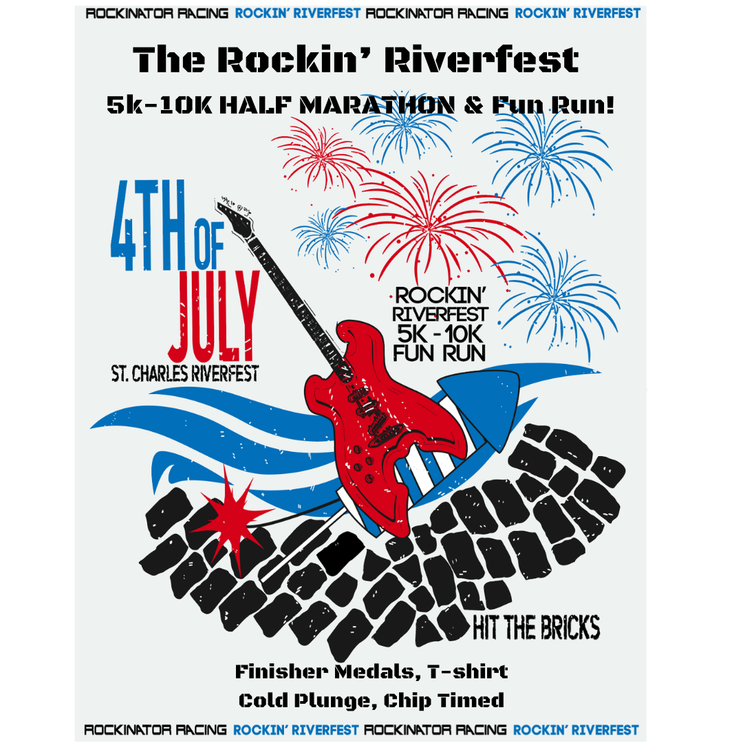 Poster for The Rockin' Riverfest 5k-10k Half Marathon & Fun Run featuring fireworks, a red guitar, blue waves, and bold July 4th text on a light background.