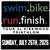 Banner for Tour de Kirkwood Triathlon featuring swim, bike, run, finish; date Sunday, July 26, 2026.