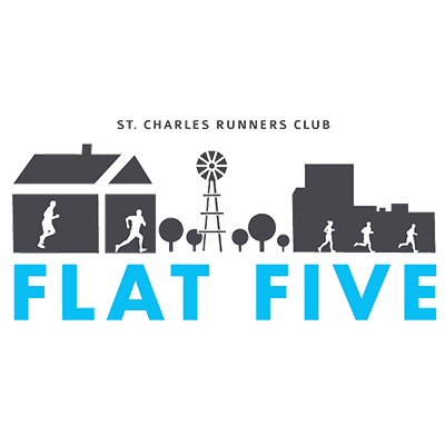 22u9rkwbfjuzhddu_cropped - GO! St. Louis St. Charles Runners Club logo with buildings, a windmill, trees, running silhouettes, and bold blue 'FLAT FIVE' text.