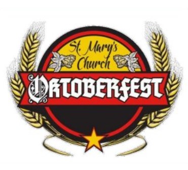 Logo for St. Mary's Church Oktoberfest featuring a circular badge with a red-and-black banner saying 'Oktoberfest' and a yellow banner reading 'St. Mary’s Church,' flanked by wheat stalks and a gold star at the bottom.