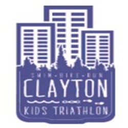 Clayton Kids Triathlon logo featuring a purple city skyline and waves, with the word 'Clayton' prominently displayed.