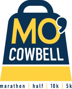 Logo for MO' Cowbell Marathon featuring a blue and yellow bell-shaped emblem with 'MO' and 'COWBELL' text and a bottom strip listing marathon, half, 10k, and 5k options.