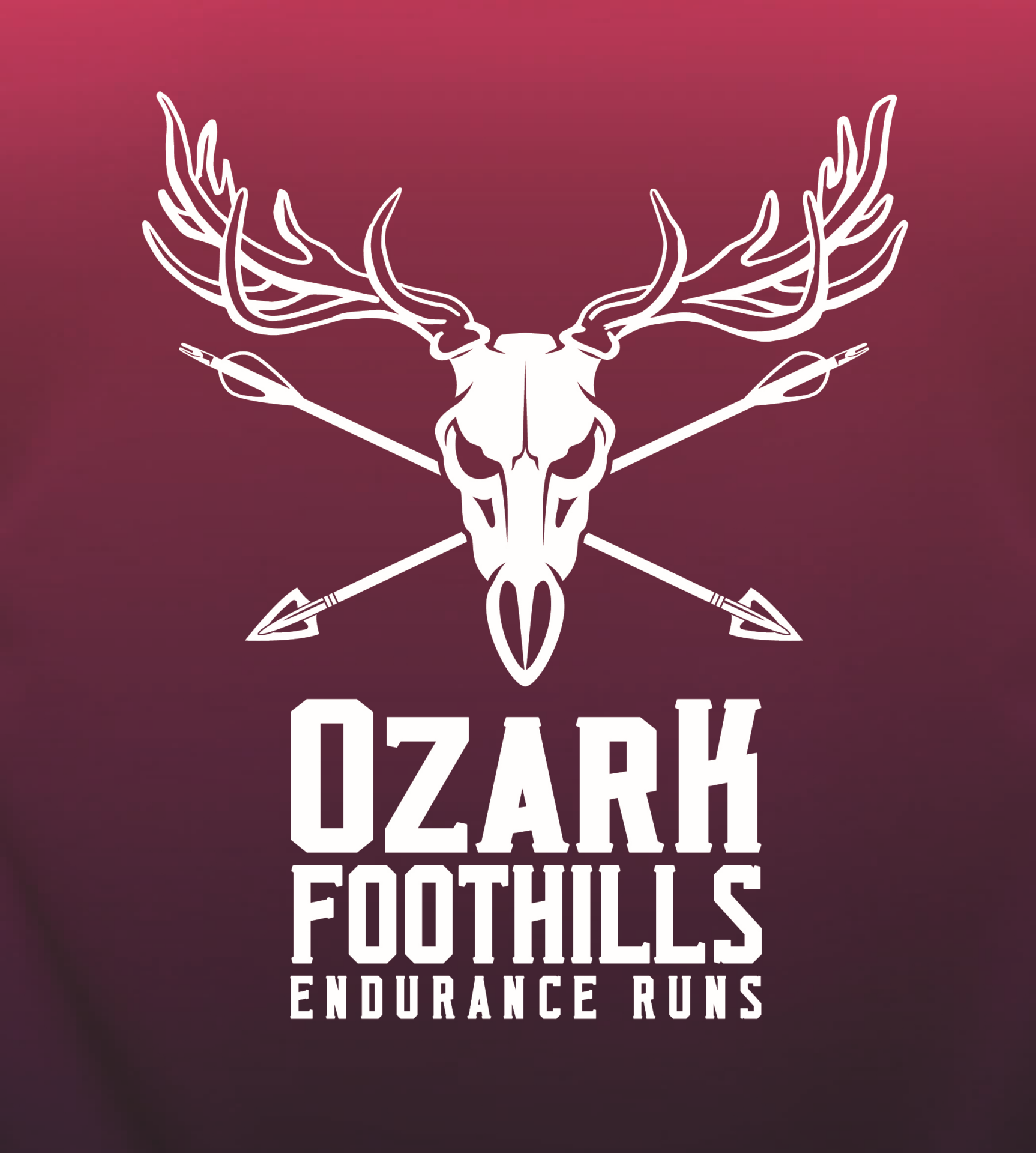 OF Shirt_Endurance Runs - GO! St. Louis White deer skull with antlers and crossed arrows on a burgundy gradient, promoting the Ozark Foothills Endurance Runs.