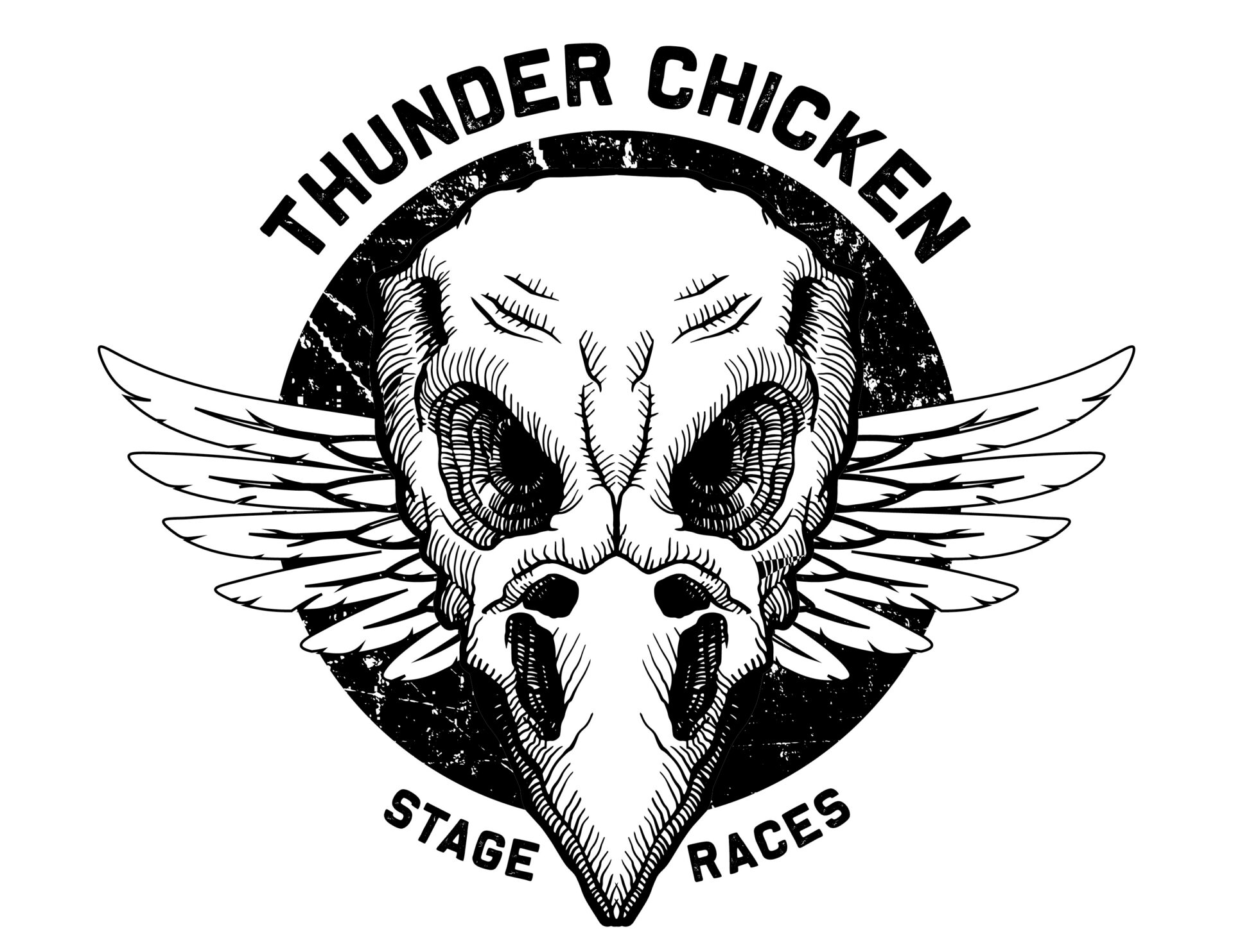 TC-StageRaces-Shirt-Final-Logo - GO! St. Louis Logo for Thunder Chicken Stage Races: a stylized skull with wings inside a distressed circle and bold text surrounding it.