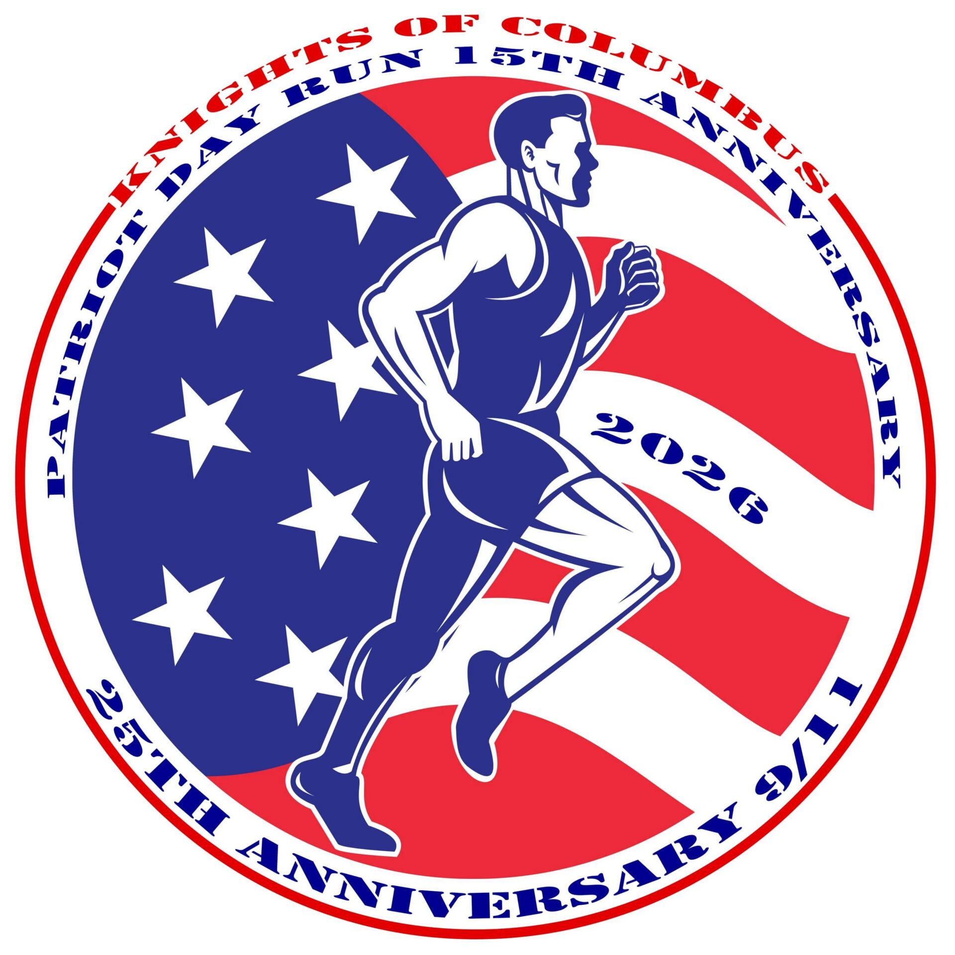 Circular emblem with a blue running figure over a red, white, and blue patriotic background with stars and curved border text.