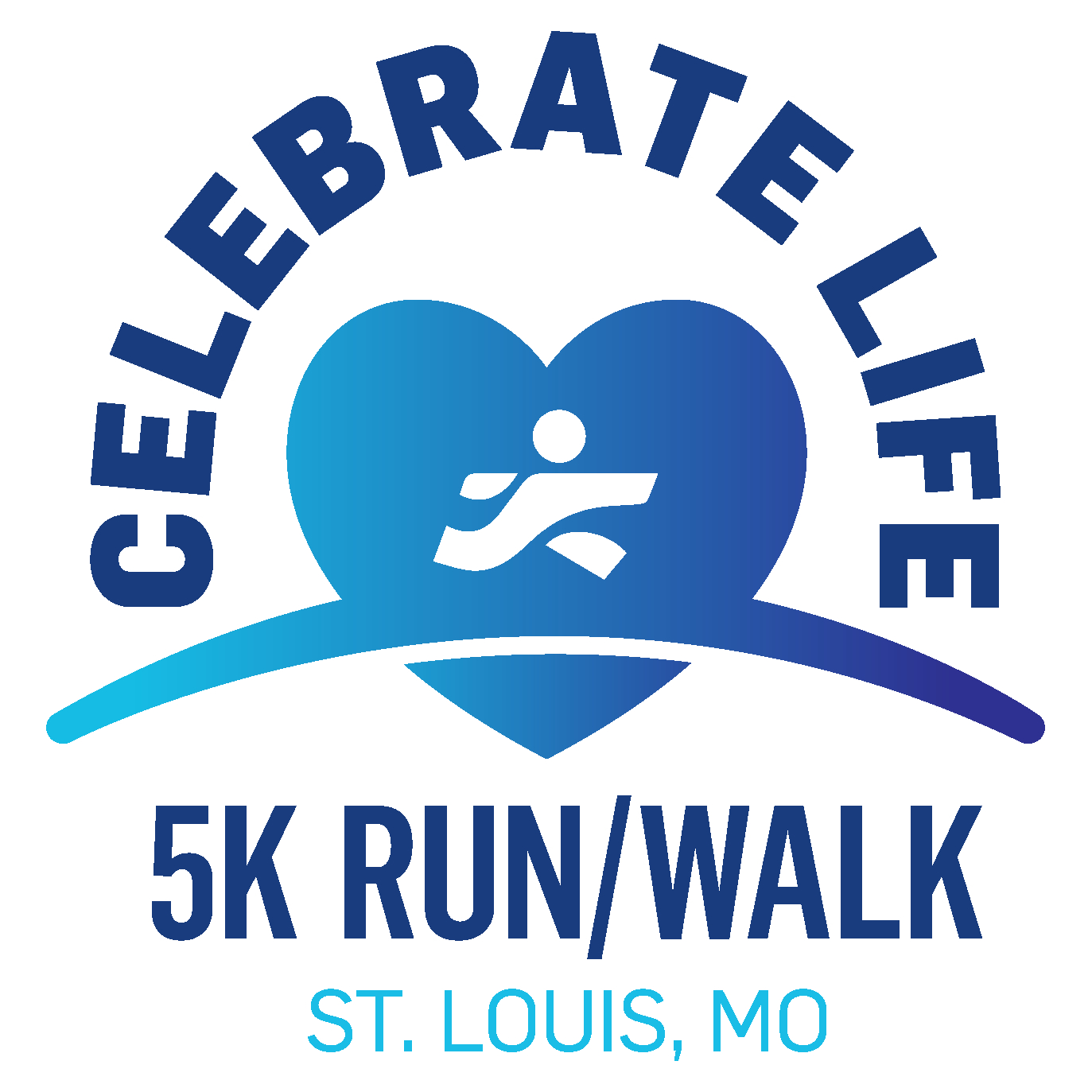 Logo for Celebrate 5K Run/Walk in St. Louis, MO, featuring a blue heart with a running figure and curved arc.