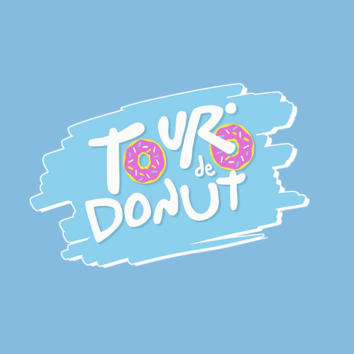 Brand logo for Tour de Donut on a blue background, with pink frosted donuts forming the 'O's in the text.