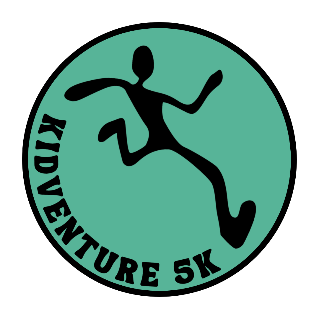 Silhouette of a runner jumping inside a teal circle with the words ADVENTURE 5K along the left edge.