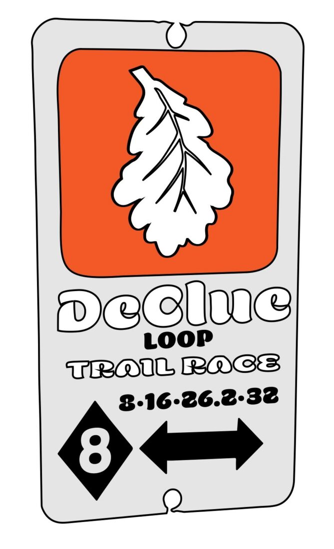 Race bib for a trail race: orange leaf emblem on a gray background, text 'Deluxe Loop Trail Race', with left-right arrows and a diamond containing the number 8.