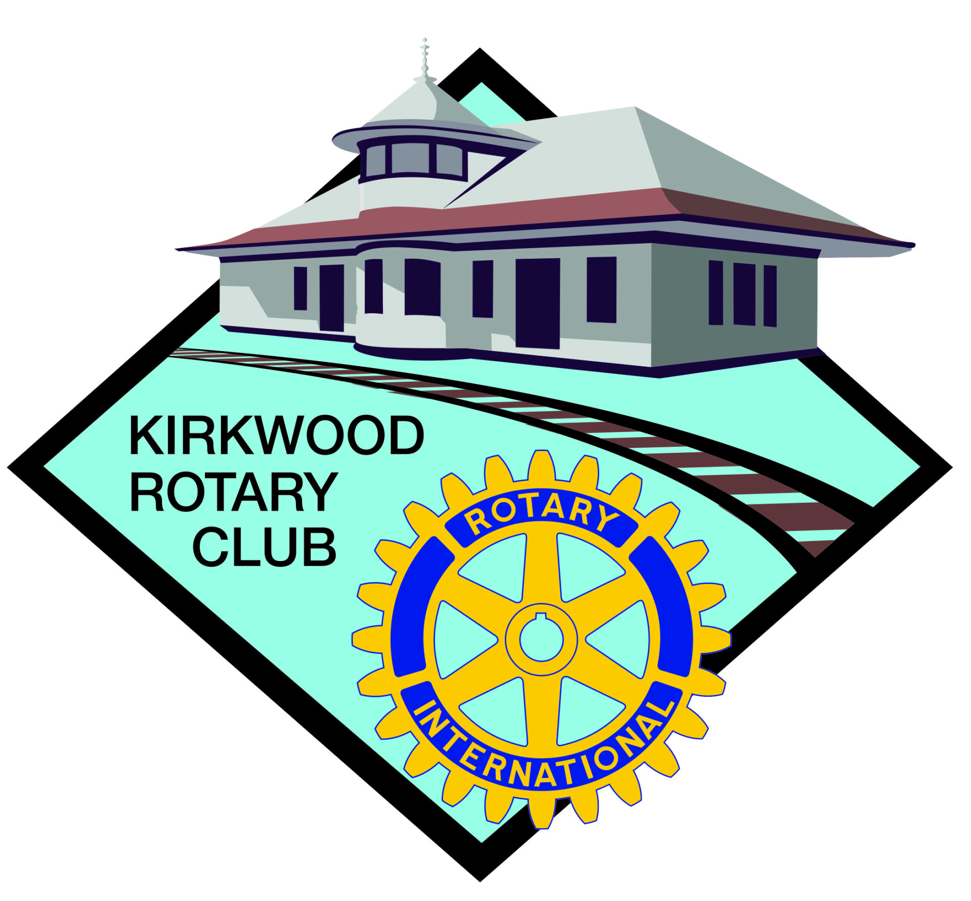 Graphic banner for Kirkwood Rotary Club featuring a stylized building illustration over a turquoise diamond with the Rotary gear logo partially visible behind.