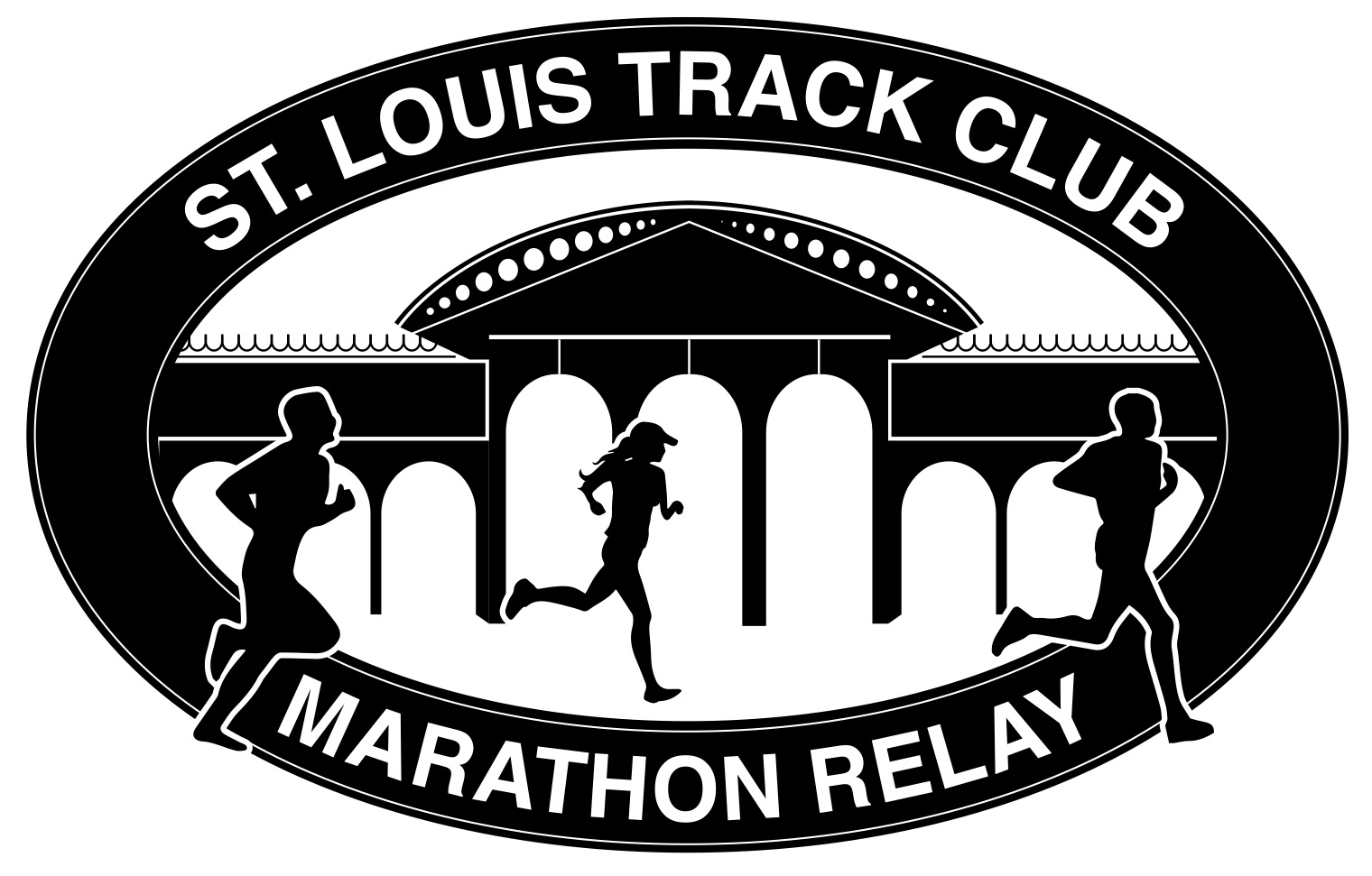 St. Louis Track Club Marathon Relay logo with three runners around an arched central building design in black-and-white.