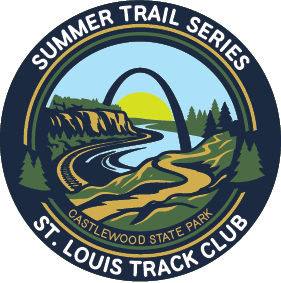 Circular badge for the Summer Trail Series by St. Louis Track Club, showing the Gateway Arch over a river and forest at Castlewood State Park.
