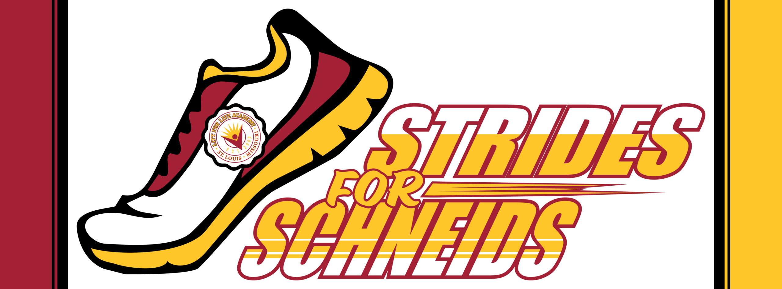 Logo for 'Strides for Students' featuring a running shoe graphic, maroon and yellow color accents, and a small circular badge (St. Louis) on white background.