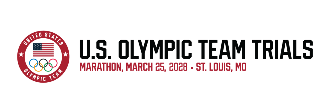Logo for the U.S. Olympic Team Trials Marathon in St. Louis, MO, March 25, 2028, featuring the U.S. flag and Olympic rings on a red seal.