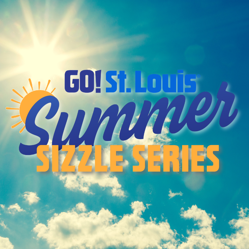 Promotional graphic for GO! St. Louis Summer Sizzle Series with sun icon and bold blue and orange lettering.