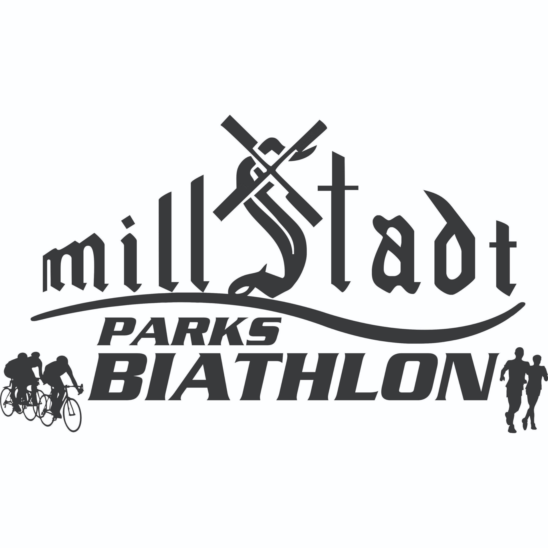 Decorative logo-style graphic with large curved typography and silhouettes of people cycling and walking around the bottom, including the word 'PARKS'.
