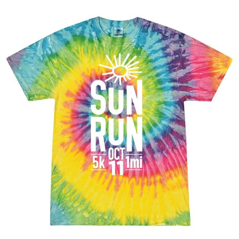Tie-dye T-shirt with a sun graphic and the large white text 'SUN RUN' for a 5k race on October 11 (colorful rainbow pattern).