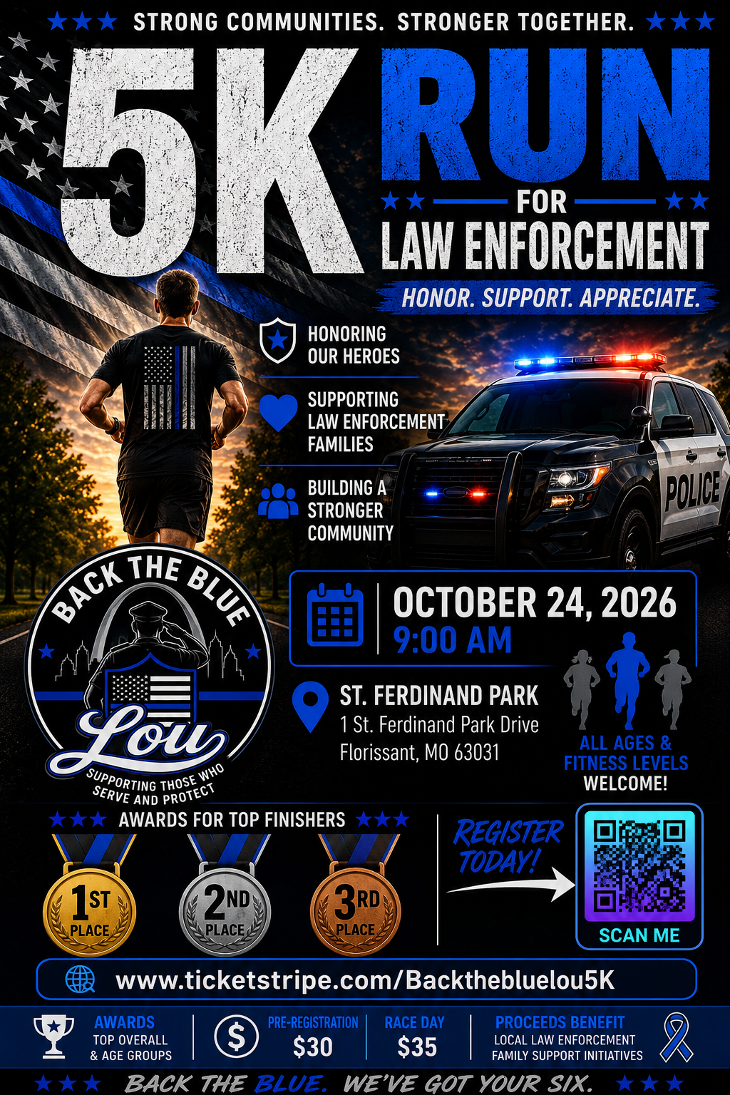 Promotional poster for a 5K Run for Law Enforcement, showing a runner, police car, and 'Back the Blue' emblem to honor police and raise support.