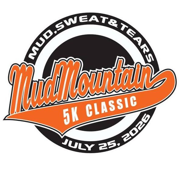 Mud Mountain 5K Classic logo: circular badge with bold black ring, orange 'Mud Mountain' script across a curved orange ribbon reading '5K Classic', and date 'July 25, 2026' around the edge with 'Mud, Sweat & Tears' caption.