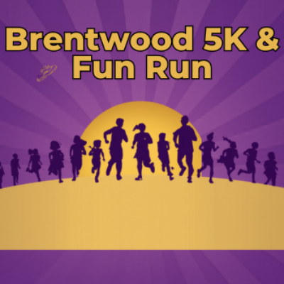 brentwood - GO! St. Louis Poster for Brentwood 5K & Fun Run with silhouetted runners along a hill at sunset on a purple sunburst background; includes the event title at the top.