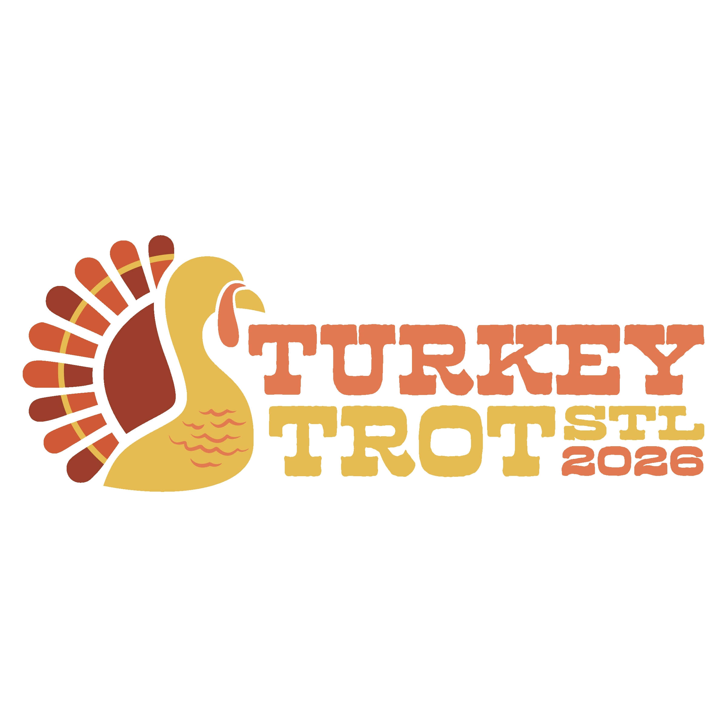 Colorful cartoon turkey mascot with a large fan of tail feathers in red, orange, and yellow, placed beside bold orange lettering.