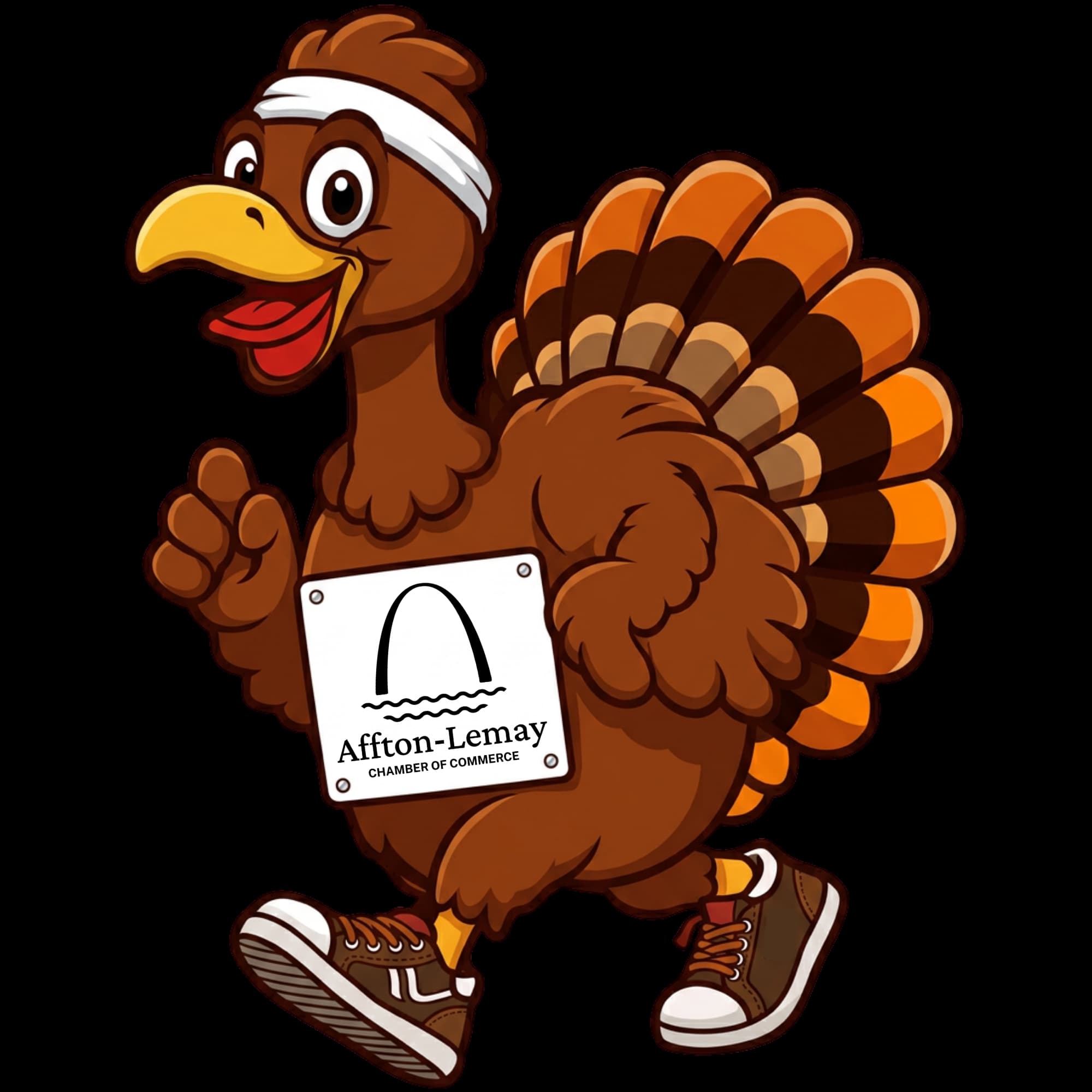 afftonlemayturkey - GO! St. Louis Cheerful cartoon turkey mascot wearing a white headband, holding a placard for the Affton-Lemay Chamber of Commerce.