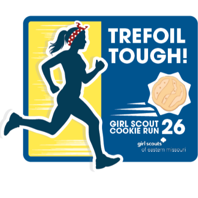 girlscoutrun - GO! St. Louis Trefoil Tough! Girl Scout Cookie Run 26 logo featuring a running silhouette over a blue-yellow badge with event text on the right.