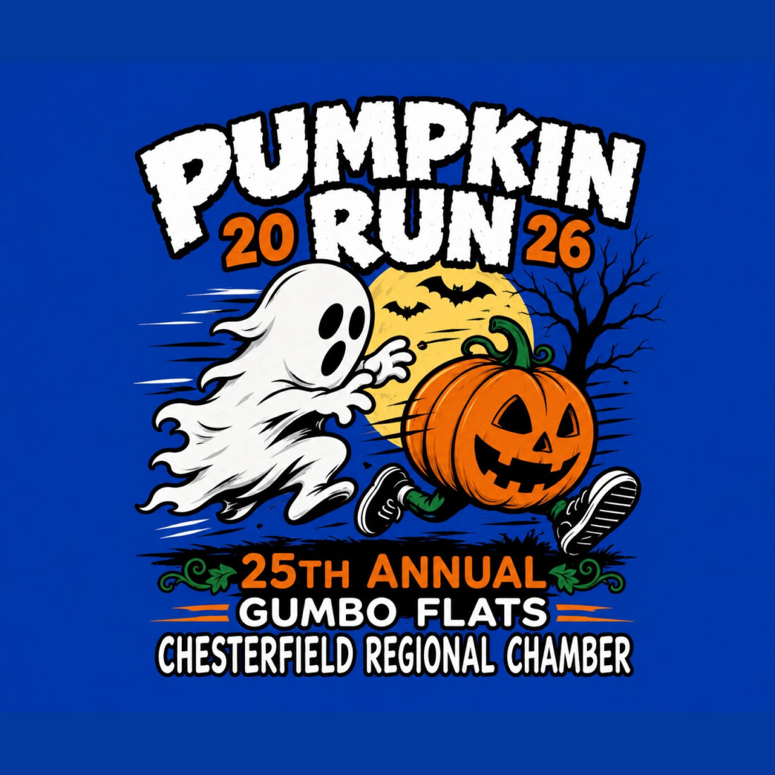 Halloween-themed poster for the 2026 Pumpkin Run (25th Annual) showing a ghost chasing a carved pumpkin under a full moon.