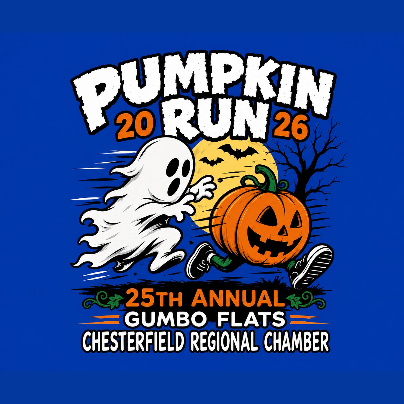 gumboflats - GO! St. Louis Halloween-themed poster for the 2026 Pumpkin Run (25th Annual) showing a ghost chasing a carved pumpkin under a full moon.