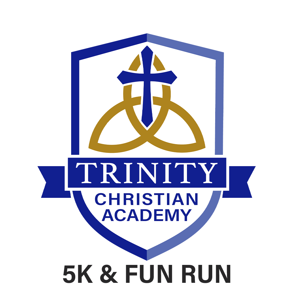 trinity - GO! St. Louis Trinity Christian Academy logo with a blue shield, cross and interlaced knot, and a blue banner reading TRINITY; below, 'CHRISTIAN ACADEMY' and '5K & FUN RUN' text.