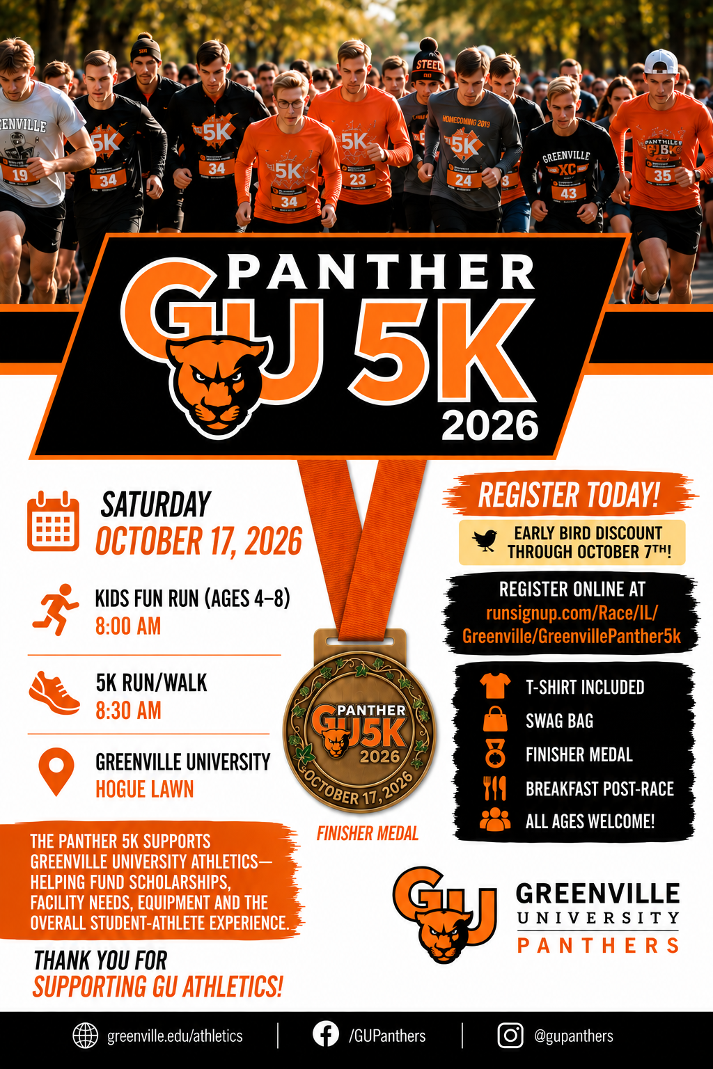 Poster for Greenville University Panther 5K 2026 race with runners, date October 17, 2026, and finisher medal imagery.