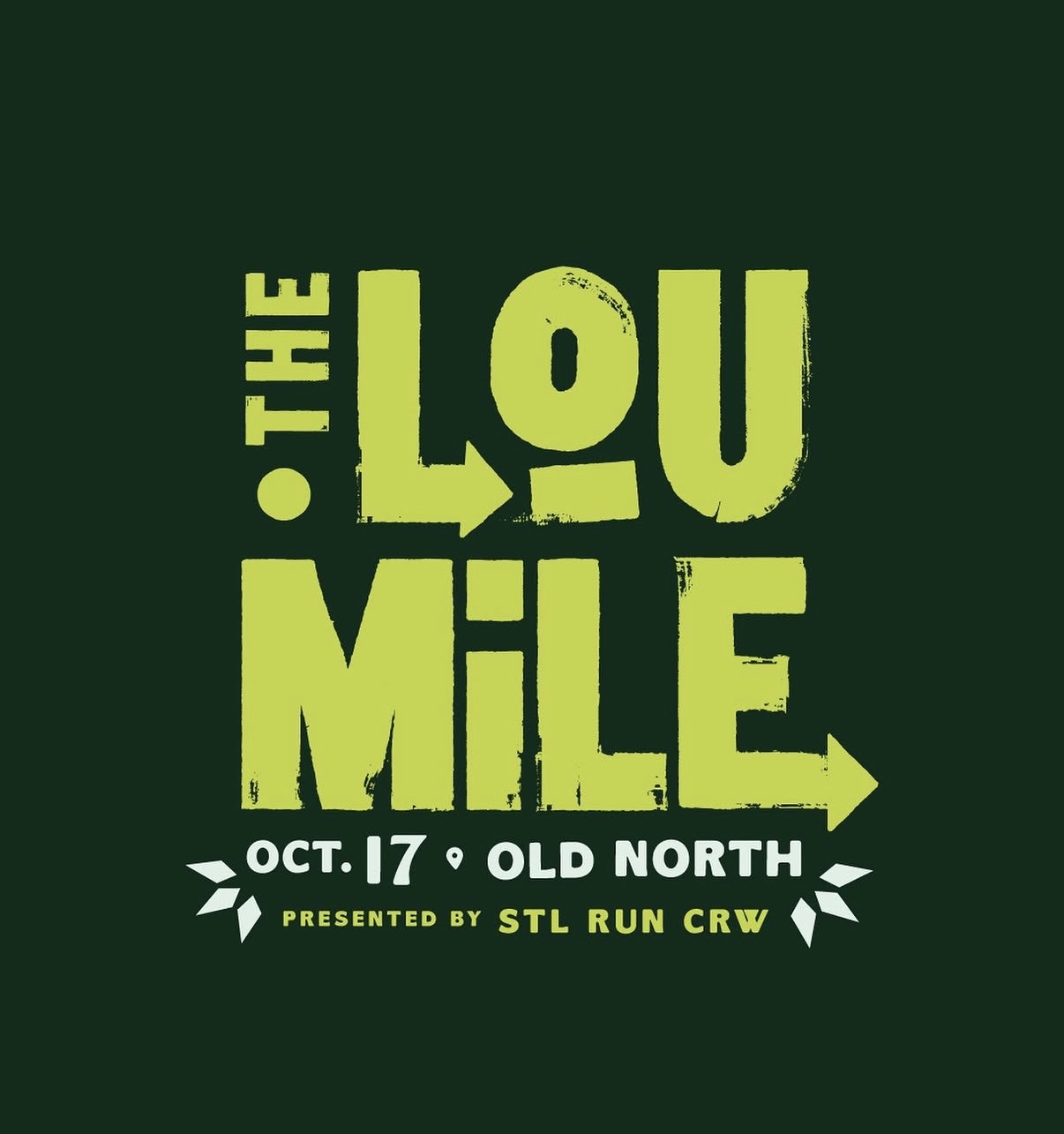 Green promotional poster for 'The Lou Mile' running event with date Oct. 17 at Old North, presented by STL Run CRW.
