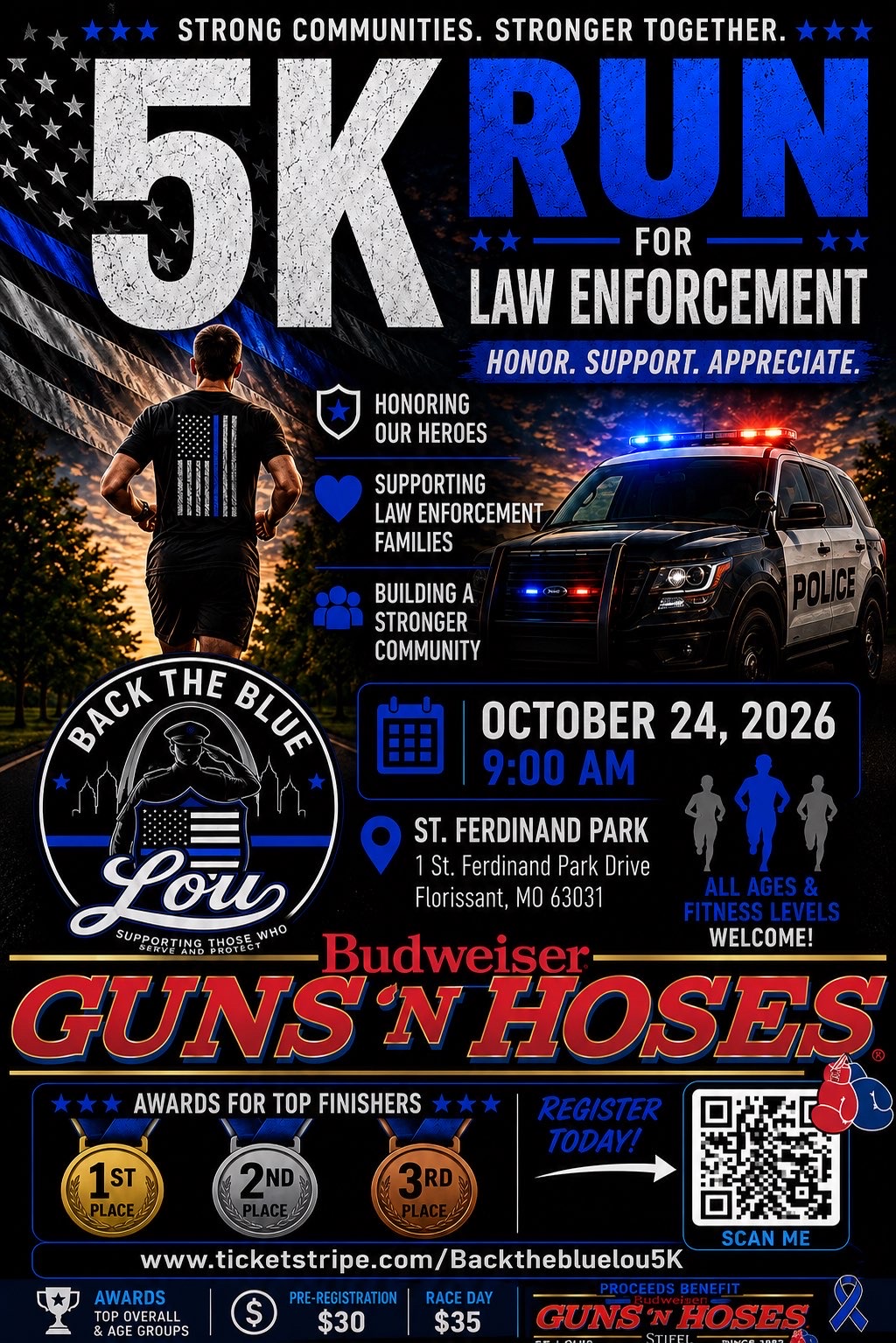 Poster for a 5K Run for Law Enforcement showing a runner with a flag-themed shirt, a police car with lights, and event details like date and location.
