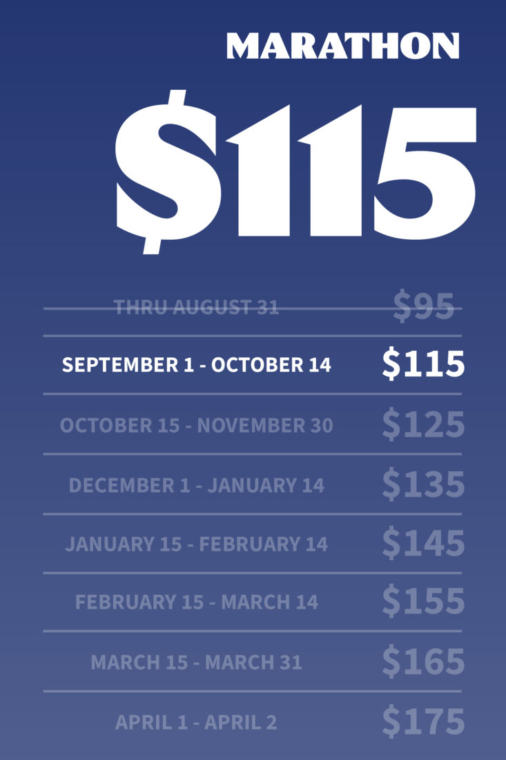 Marathon poster with large S115 price and date ranges, emphasizing the schedule and costs in a blue gradient background.