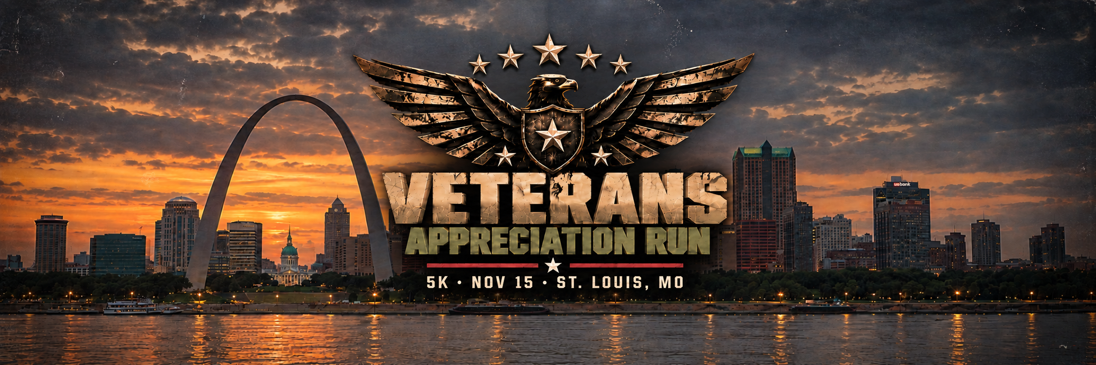 Banner for Veterans Appreciation Run with bold title over the St. Louis skyline at sunset and 5K details nearby (Nov 15).