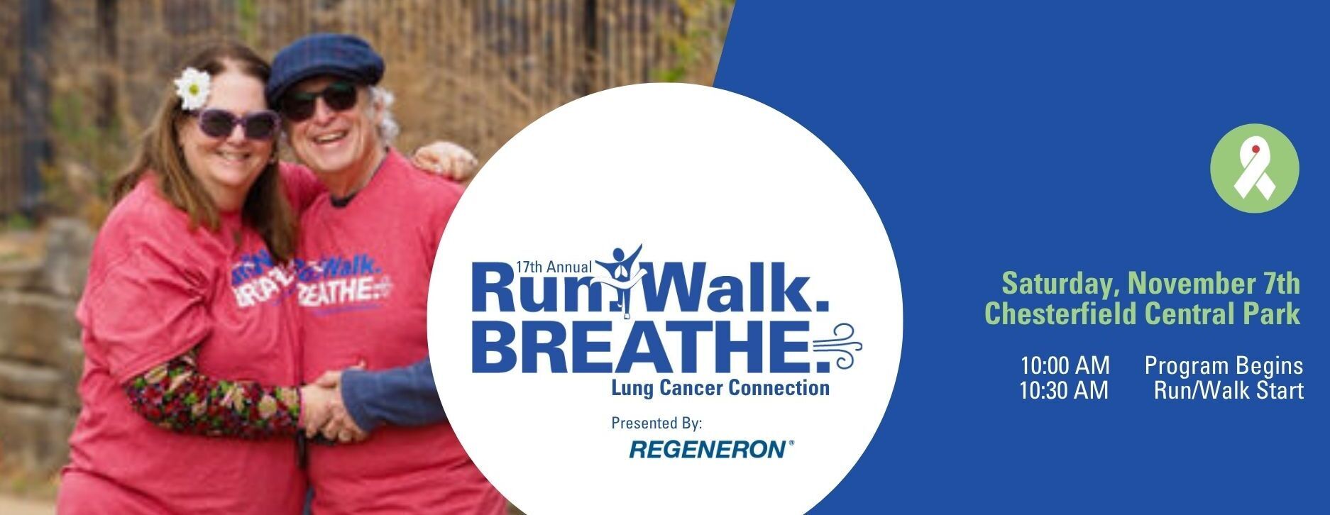 runwalkbreathe - GO! St. Louis Two people in pink shirts hug on the left of a Run Walk Breathe event banner; date and location shown on blue background on the right.
